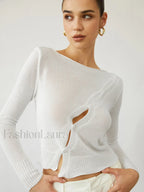 Oblique Buttoned Cover Trendy Up Knit Top White / XS Sweaters L