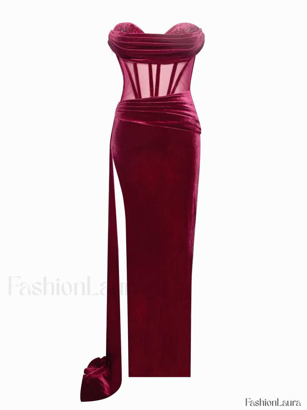Octavia Burgundy Draping Crystal Graceful Corset High Slit Velvet Gown Gowns
