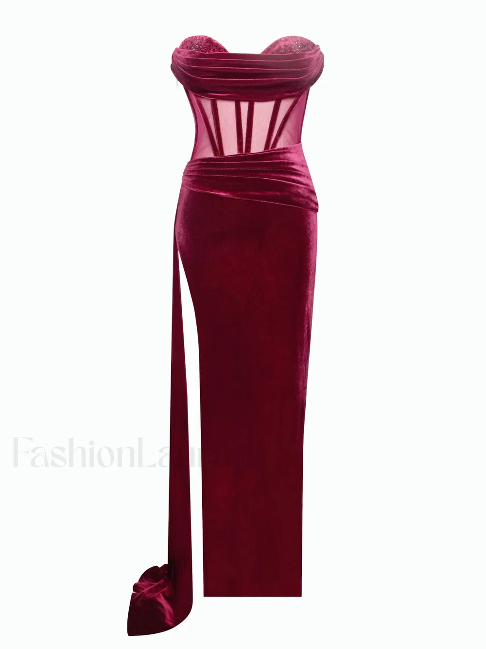 Octavia Burgundy Draping Crystal Graceful Corset High Slit Velvet Gown Gowns