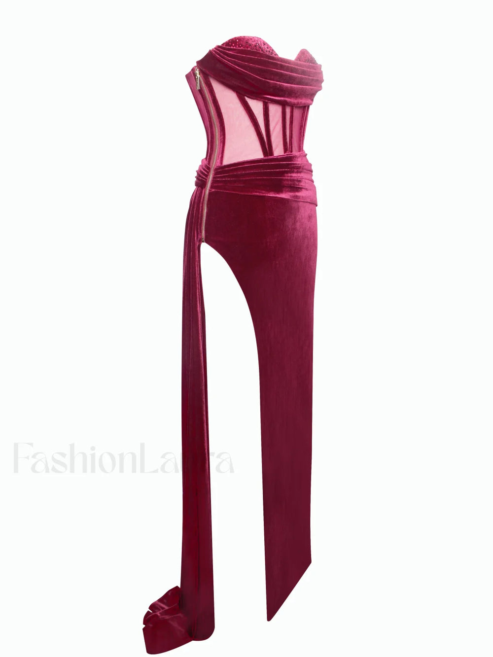 Octavia Burgundy Draping Crystal Graceful Corset High Slit Velvet Gown Gowns