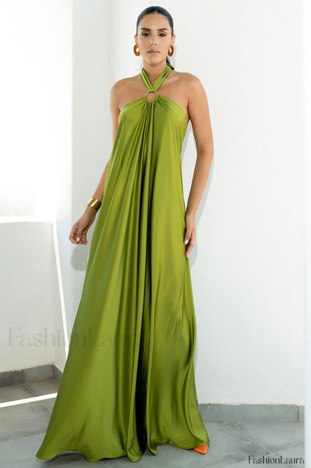 Ofelia Halter Stylish Loop Maxi Dress S / Olive