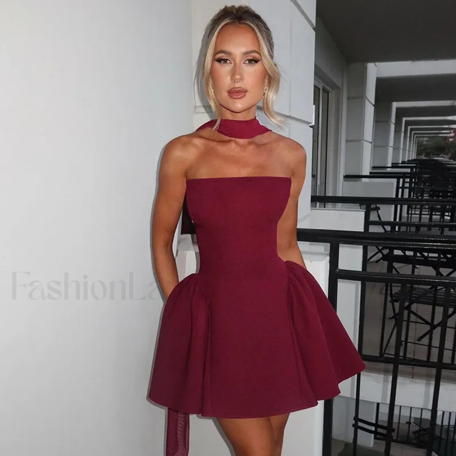 Off Shoulder A Line Mini Dress Wine / S Main image