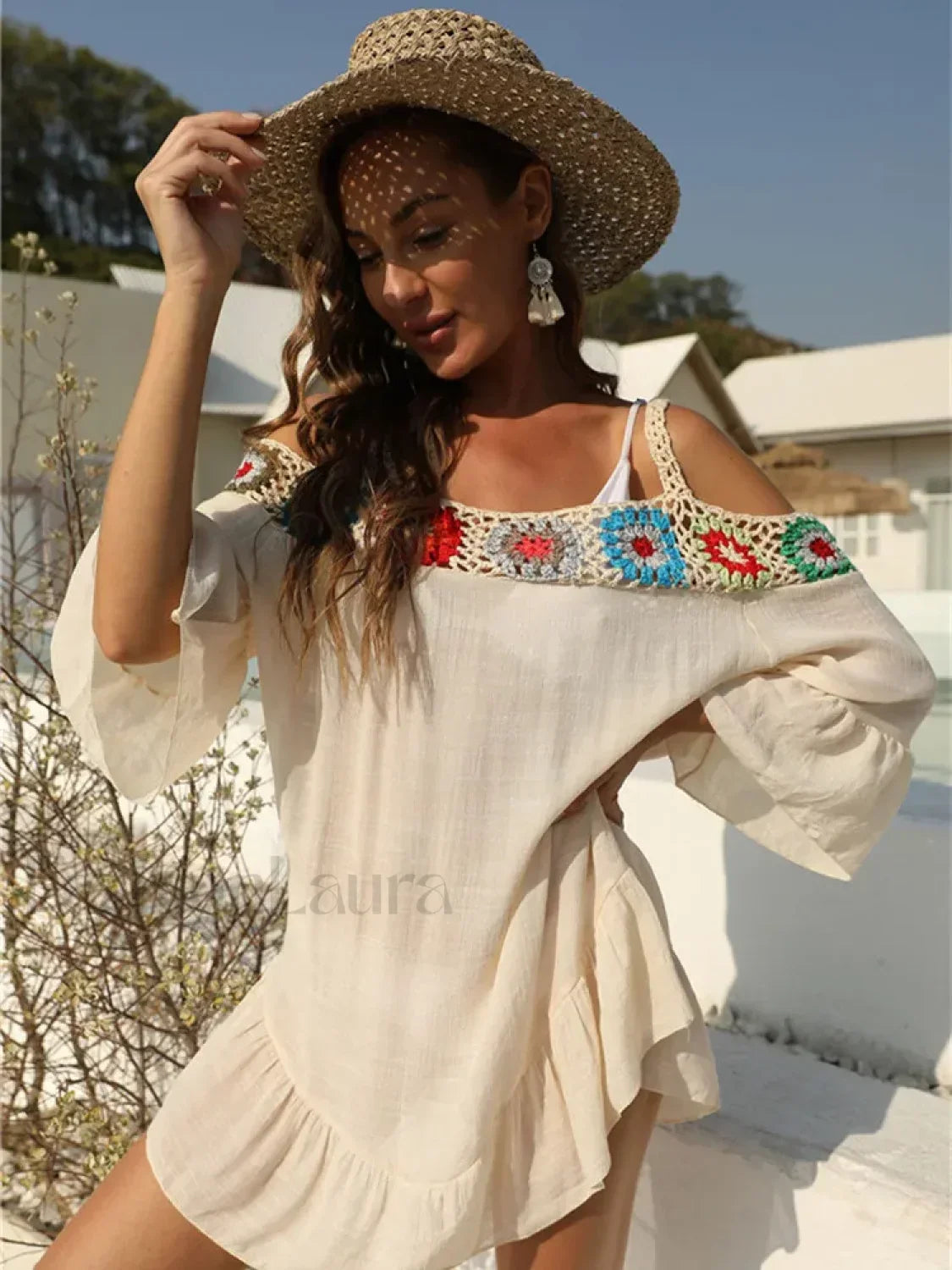 Off Shoulder Crochet Loose Cover Up APRICOT / One Size Main image