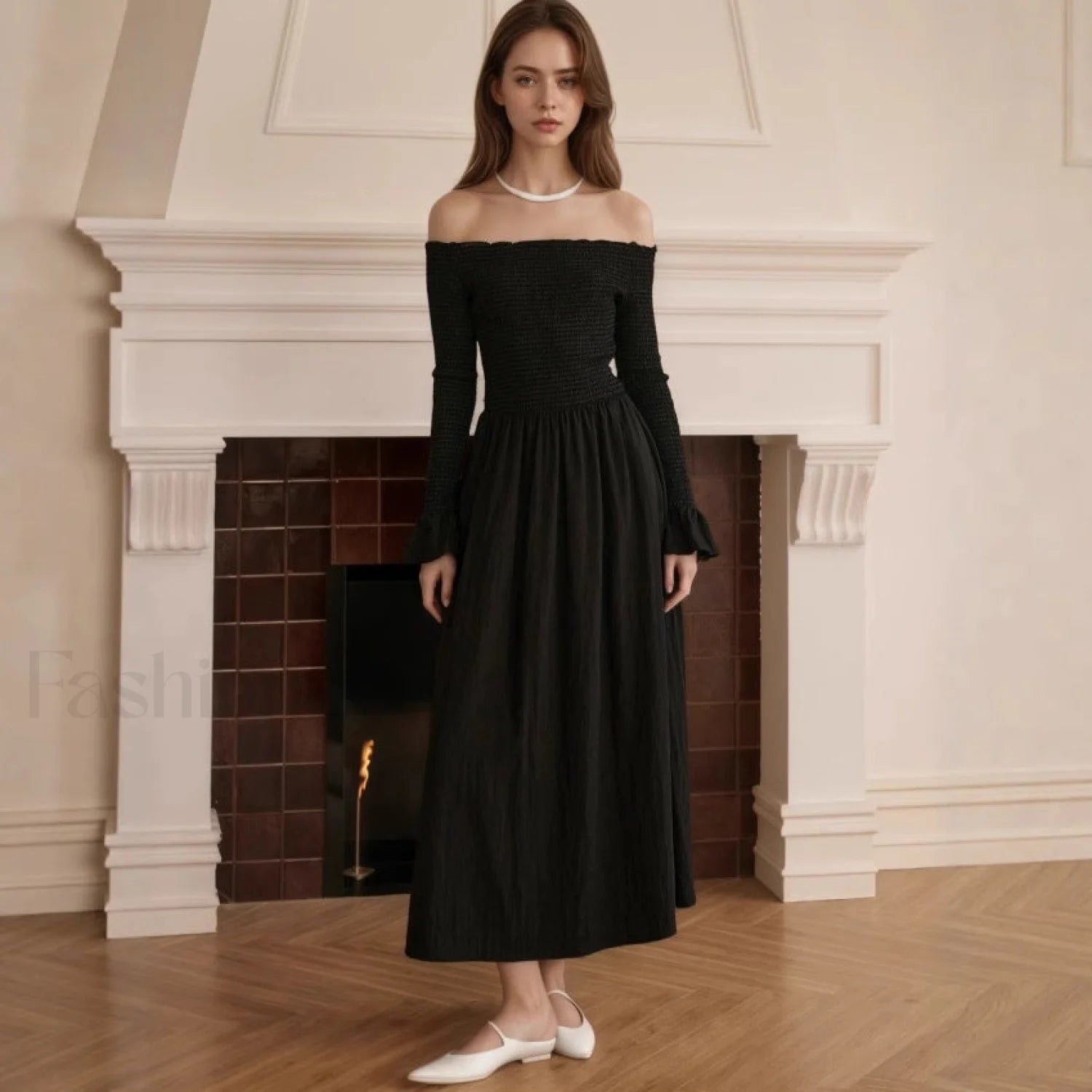 Off Shoulder Curved Horn Sleeve Flared Maxi Dress Secondary image
