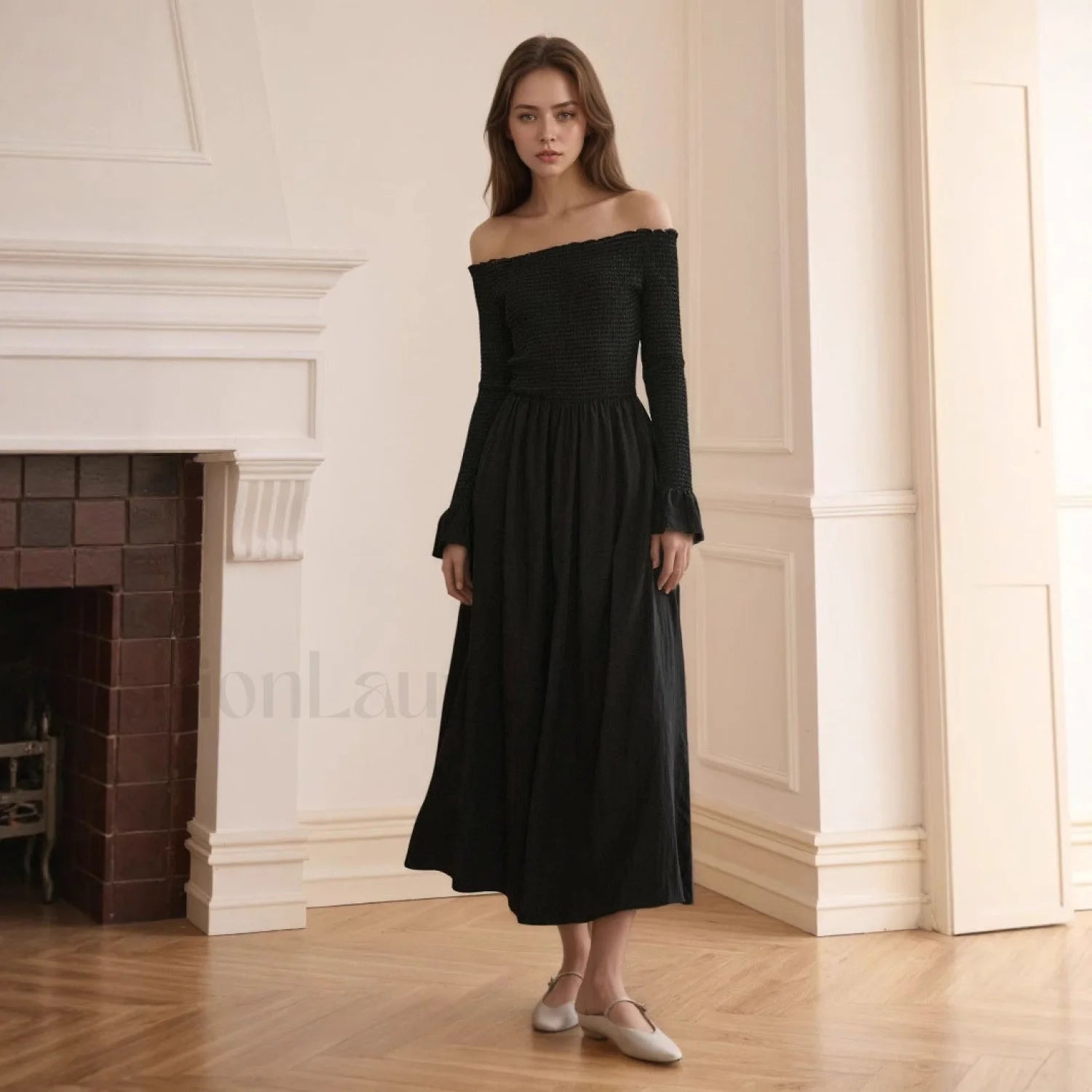 Off Shoulder Curved Horn Sleeve Flared Maxi Dress Black / S Main image