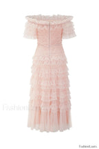 Off Shoulder Dotted Charming Tulle Maxi Dress