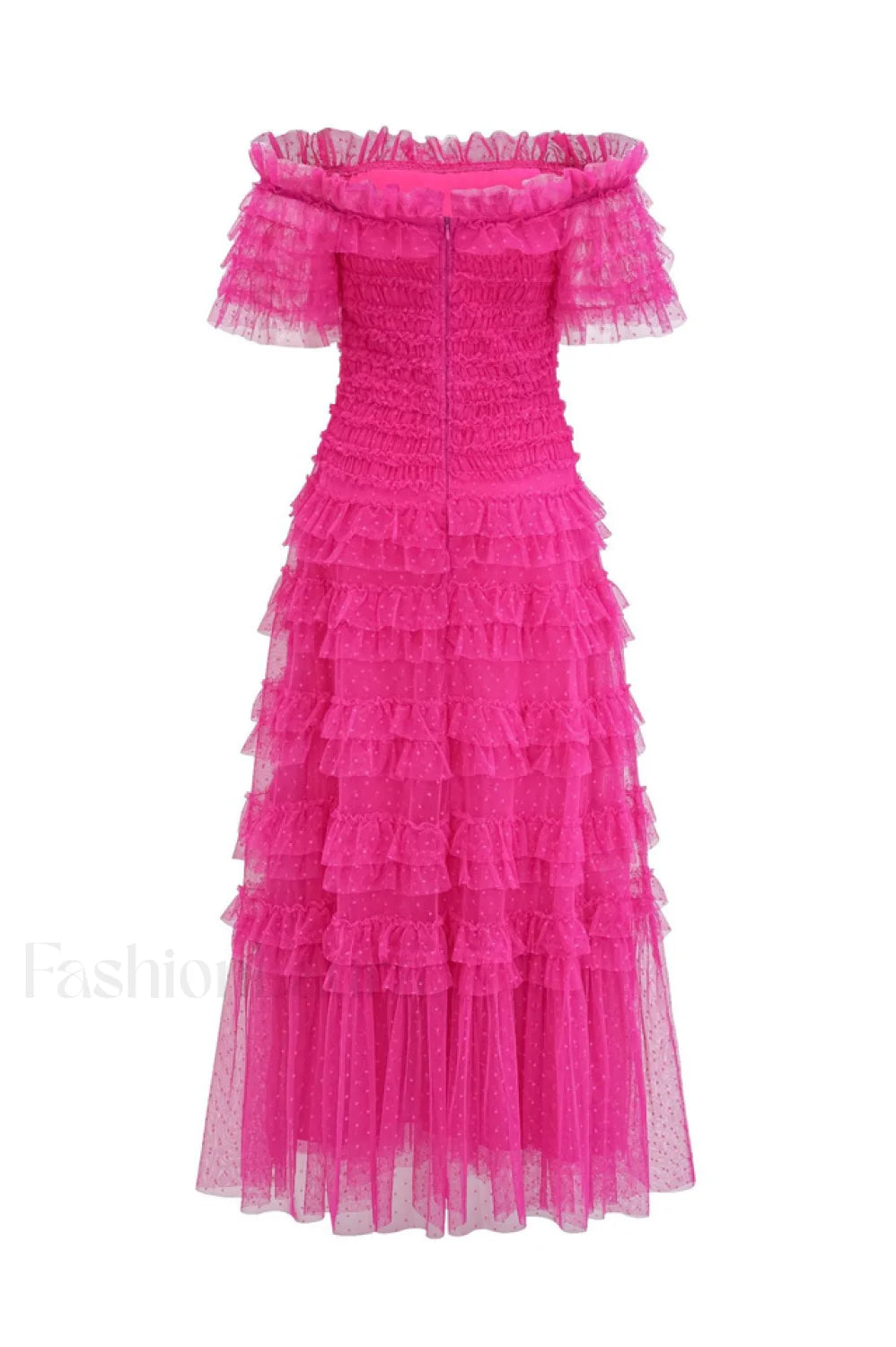 Off Shoulder Dotted Charming Tulle Maxi Dress