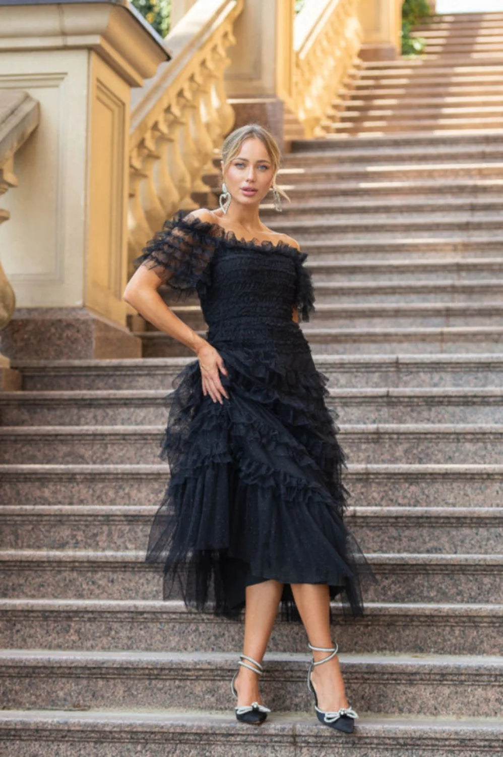 Off Shoulder Dotted Charming Tulle Maxi Dress