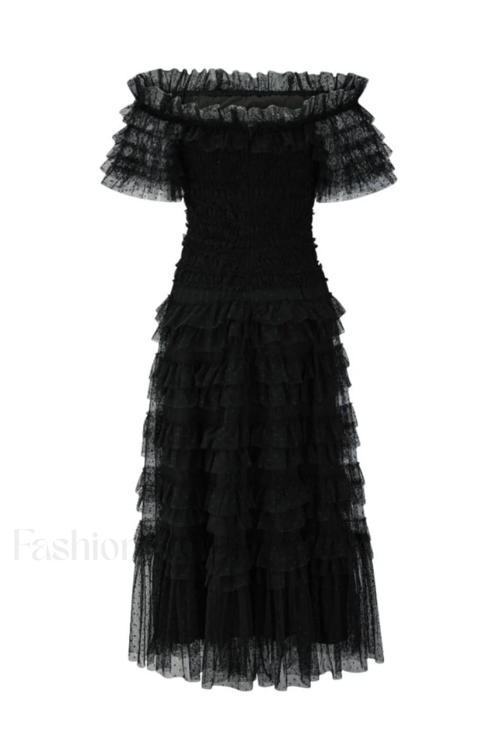 Off Shoulder Dotted Charming Tulle Maxi Dress