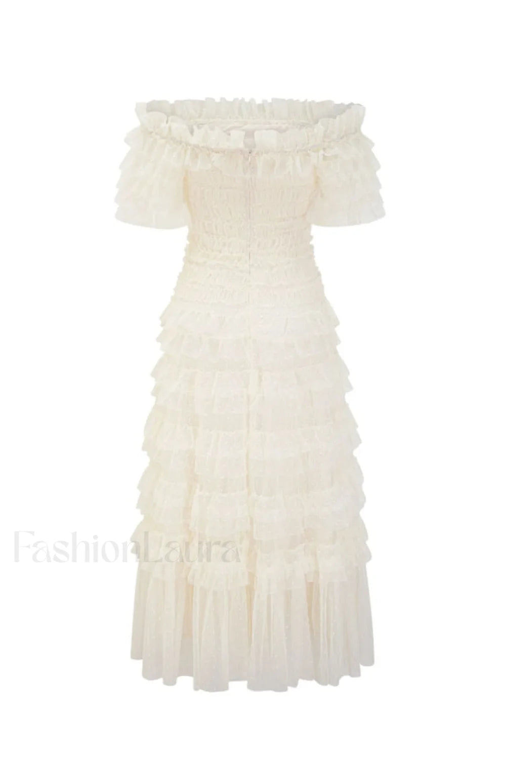 Off Shoulder Dotted Charming Tulle Maxi Dress