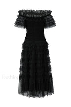 Off Shoulder Dotted Charming Tulle Maxi Dress