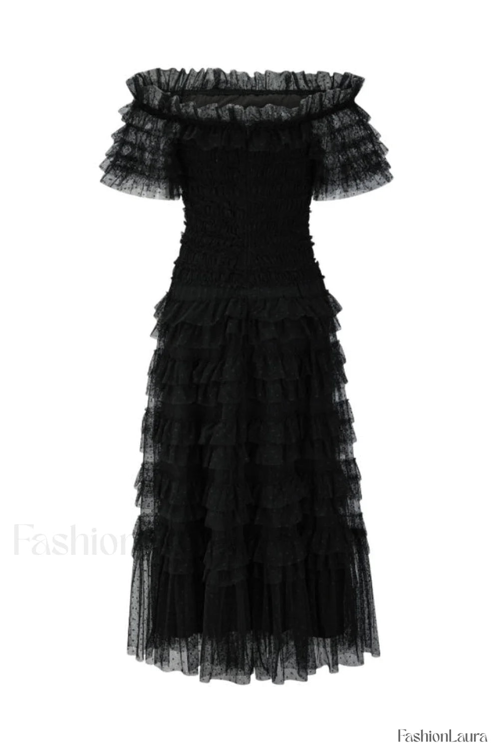 Off Shoulder Dotted Charming Tulle Maxi Dress