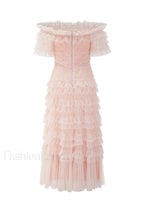 Off Shoulder Dotted Charming Tulle Maxi Dress