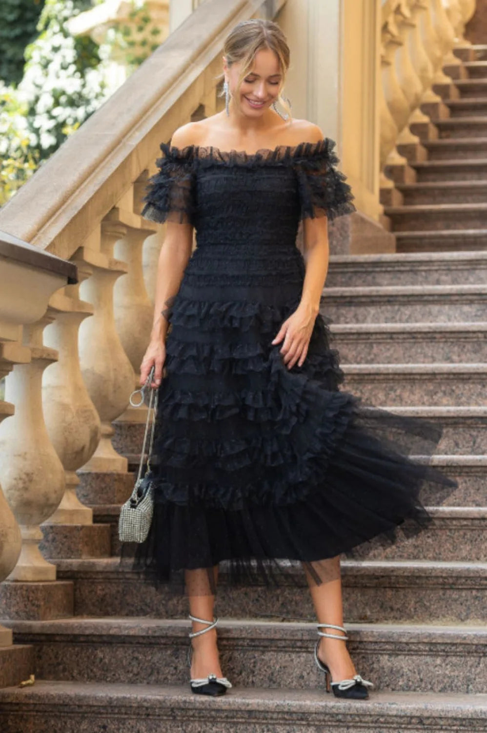 Off Shoulder Dotted Charming Tulle Maxi Dress