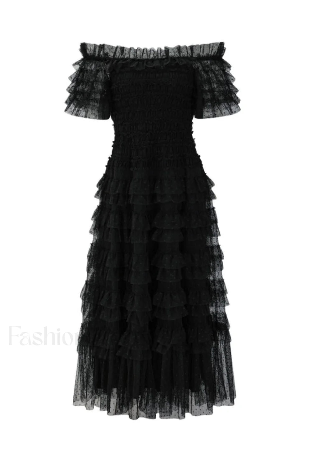 Off Shoulder Dotted Charming Tulle Maxi Dress S / Black (Without Belt)