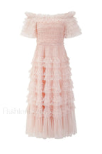 Off Shoulder Dotted Charming Tulle Maxi Dress S / Blush (Without Belt)