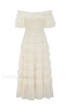 Off Shoulder Dotted Charming Tulle Maxi Dress S / Cream (Without Belt)