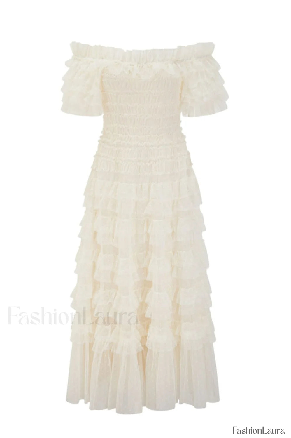 Off Shoulder Dotted Charming Tulle Maxi Dress S / Cream (Without Belt)