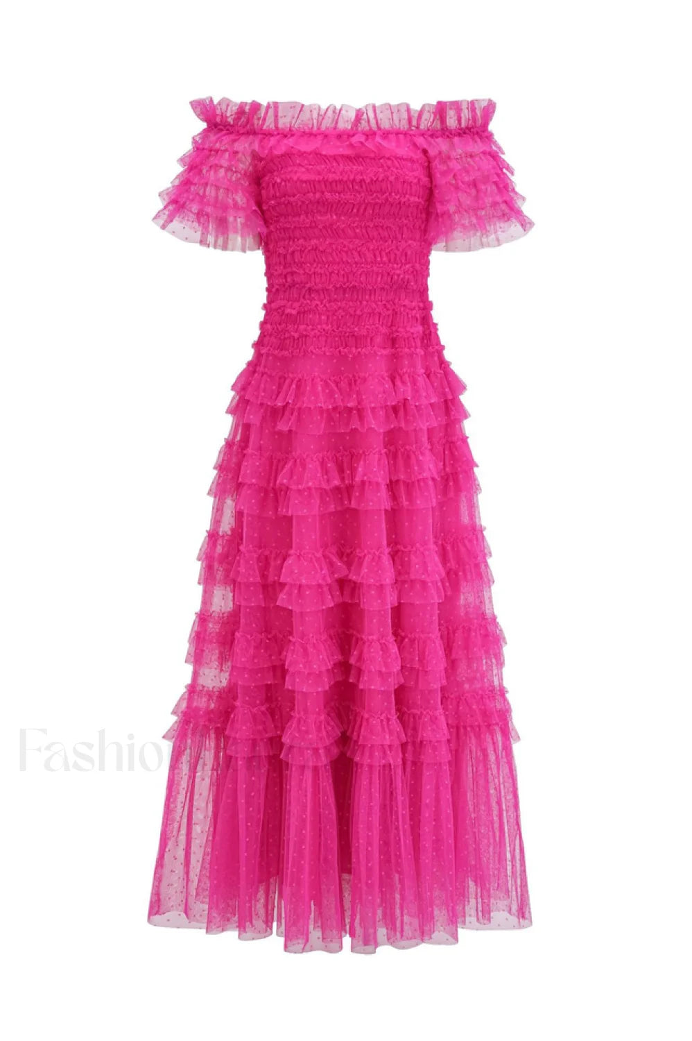 Off Shoulder Dotted Charming Tulle Maxi Dress S / Hot Pink (Without Belt)