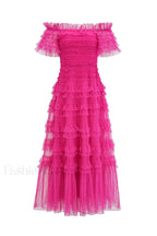 Off Shoulder Dotted Charming Tulle Maxi Dress S / Hot Pink (Without Belt)
