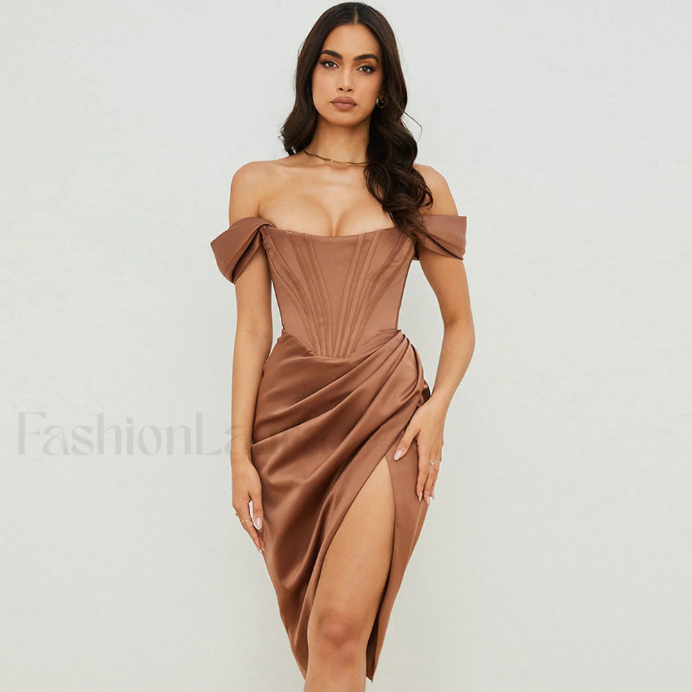 Off Shoulder Draped Corset Cocktail Midi Dress Chocolate S / Chocolate Party Dresses L