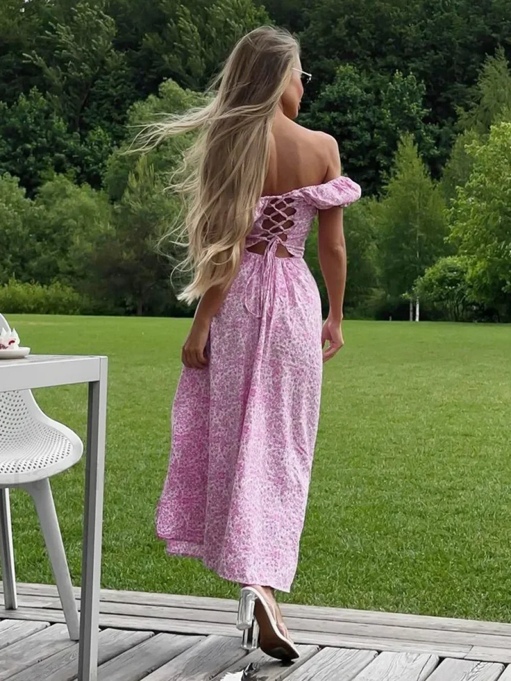 Off Shoulder Floral Print Slit Dress Slim Fit Sexy Evening Floral Dress