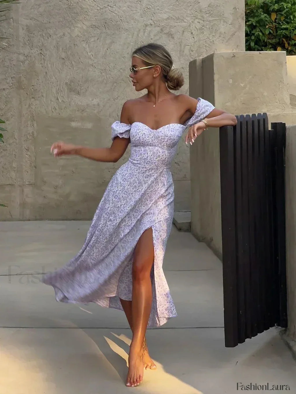 Off Shoulder Floral Print Slit Dress Slim Fit Sexy Evening Floral Dress Purple / S