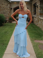 Off Shoulder Hollow Ruffle Maxi Dress Blue / S