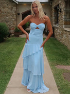 Off Shoulder Hollow Ruffle Maxi Dress Blue / S