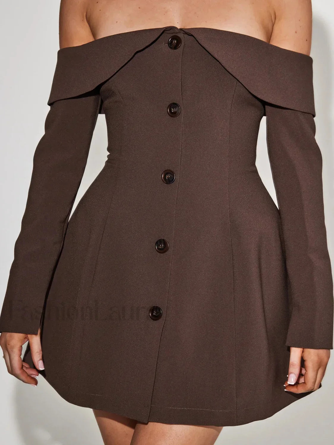 Off Shoulder Long Sleeve Modern Button Zip Mini Dress Secondary image