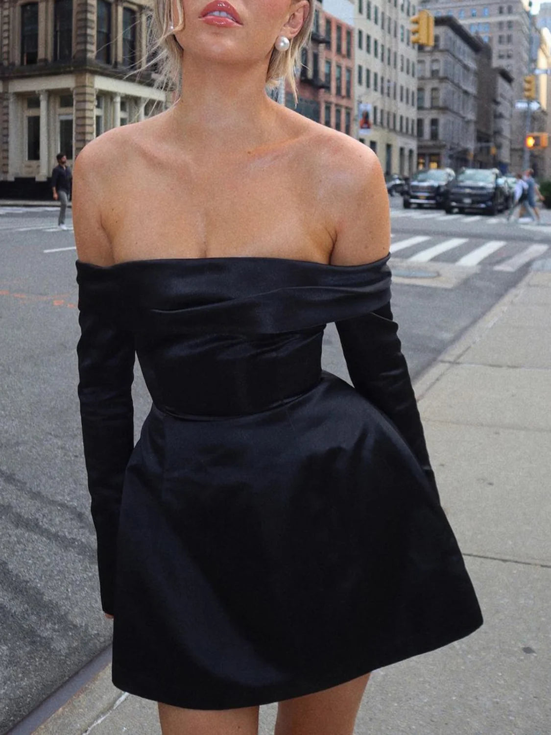 Off Shoulder Long Sleeve Overfold Mini Dress Black / XS Dresses Main image