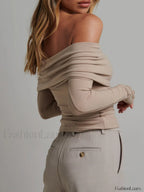 Off Shoulder Overfold Trendy Long Sleeve Crop Shirt T Shirts