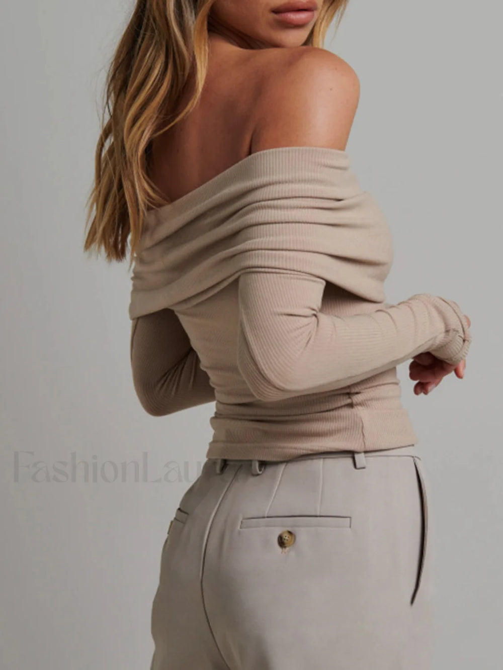 Off Shoulder Overfold Trendy Long Sleeve Crop Shirt T Shirts