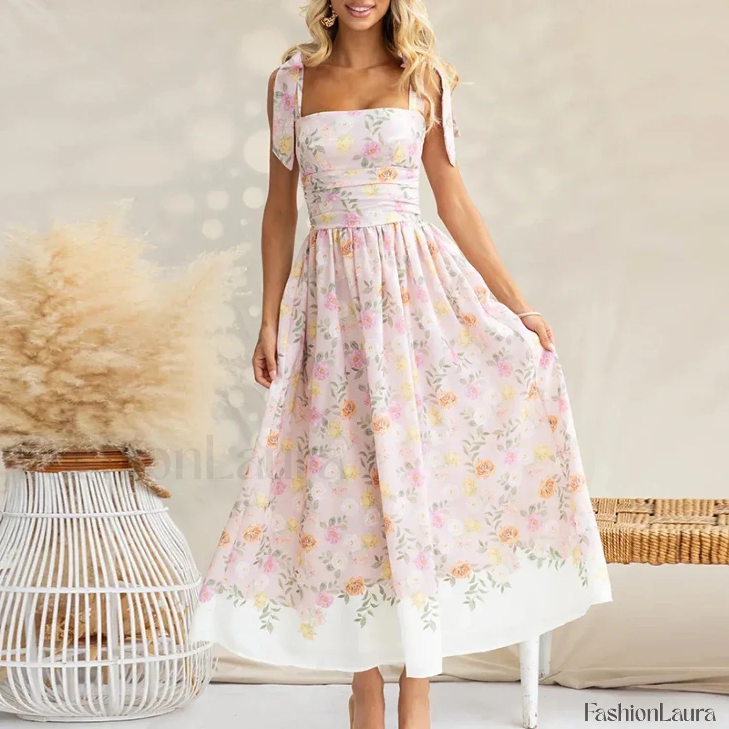 Off Shoulder Pleated Floral Dress 02 Pink / S
