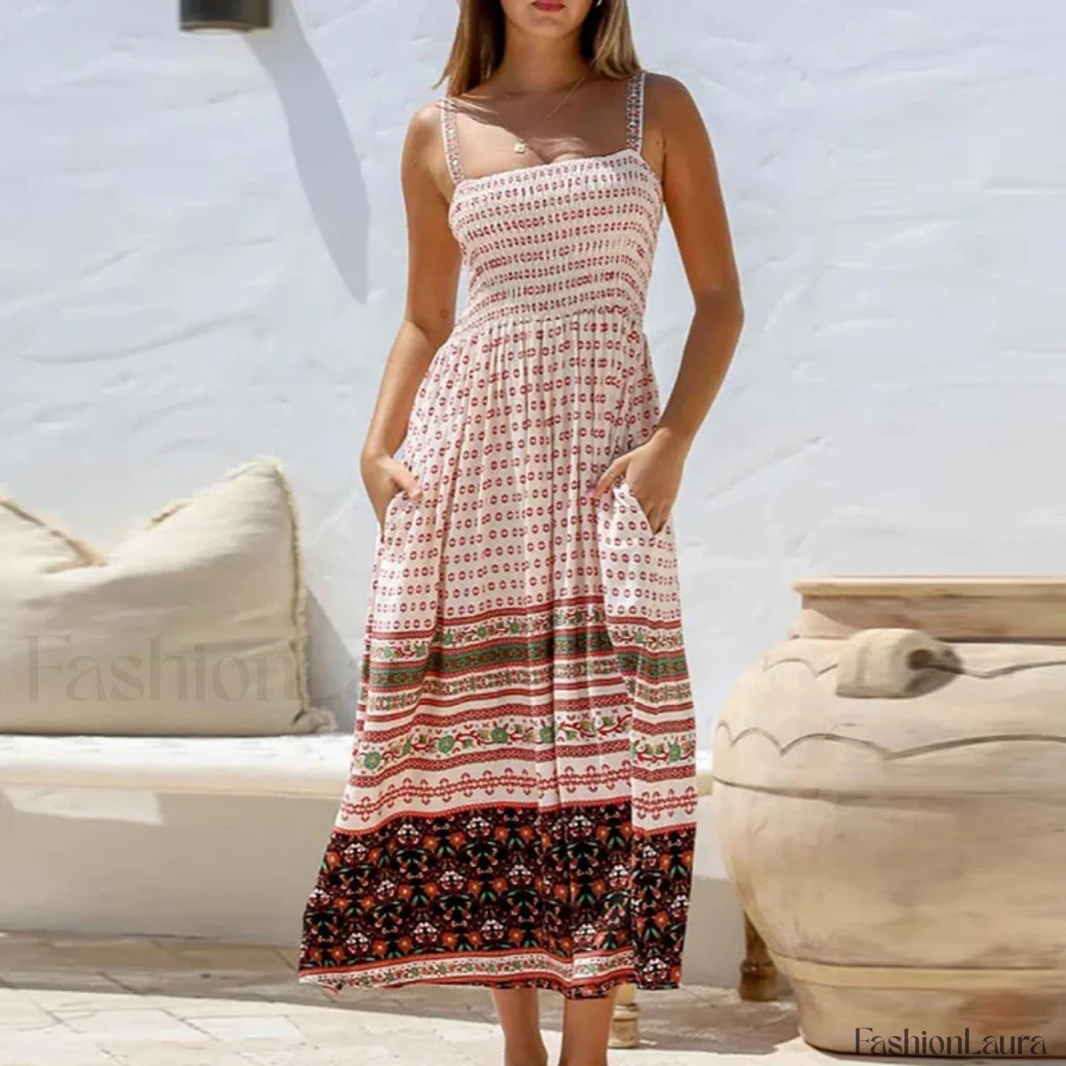 Off Shoulder Pocket Boho Dress 01 Print / S