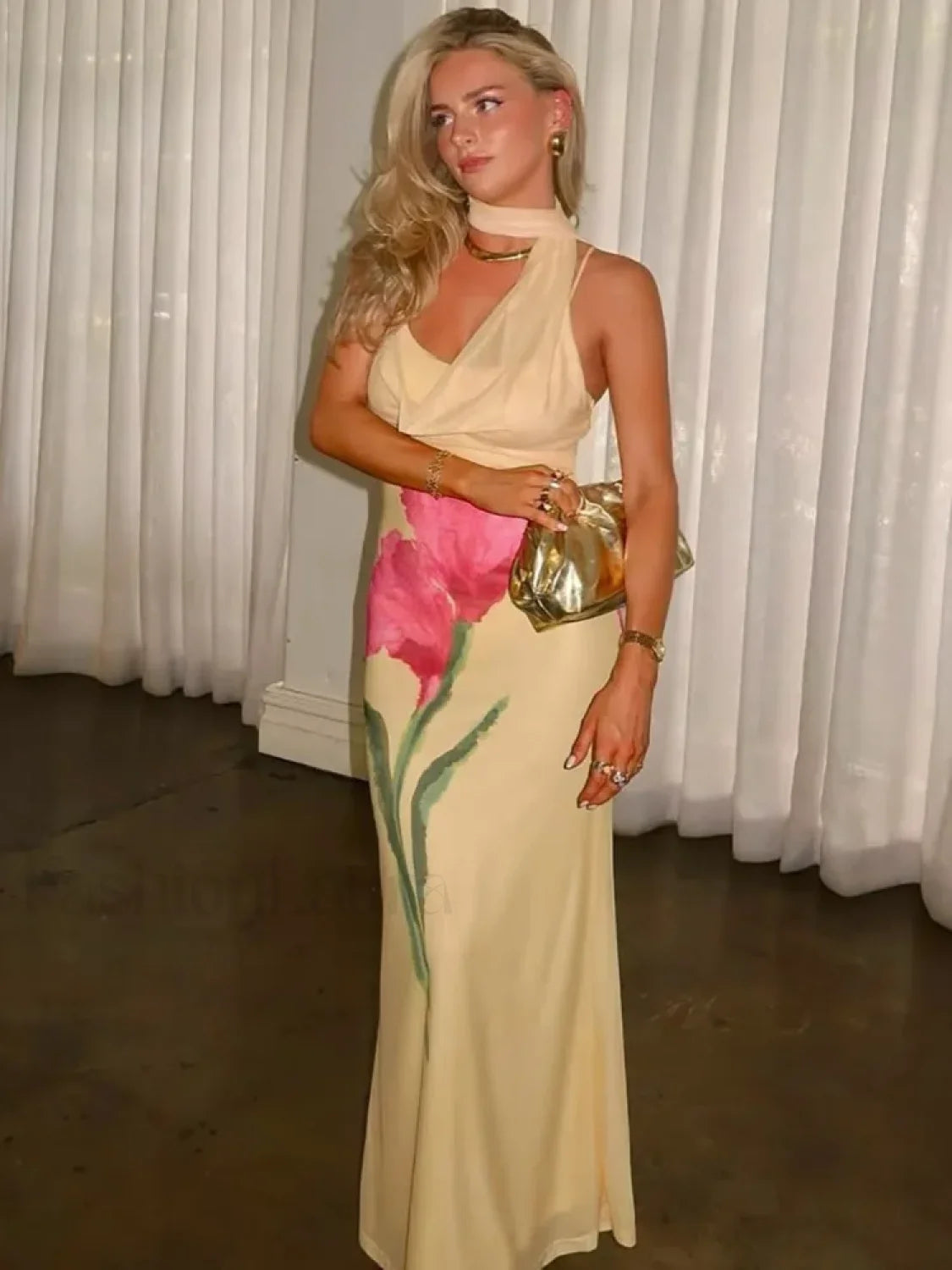 Off Shoulder Print Maxi Dress Yellow / S Main image