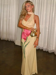 Off Shoulder Print Maxi Dress Yellow / S