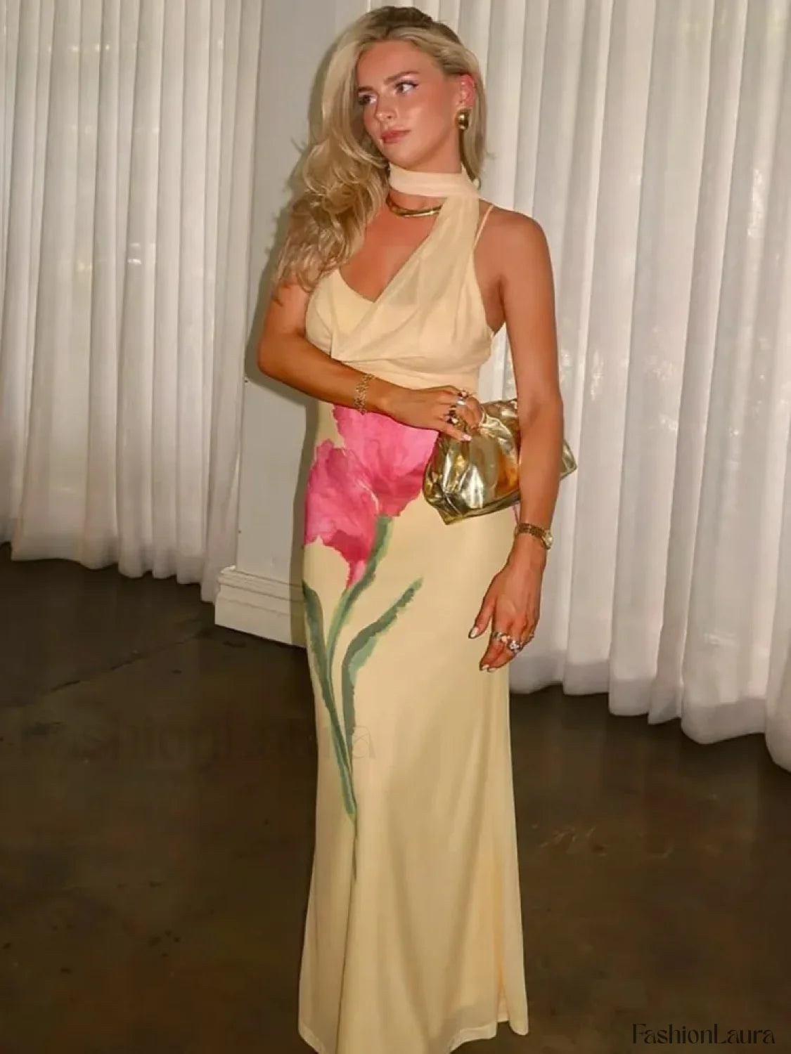Off Shoulder Print Maxi Dress Yellow / S