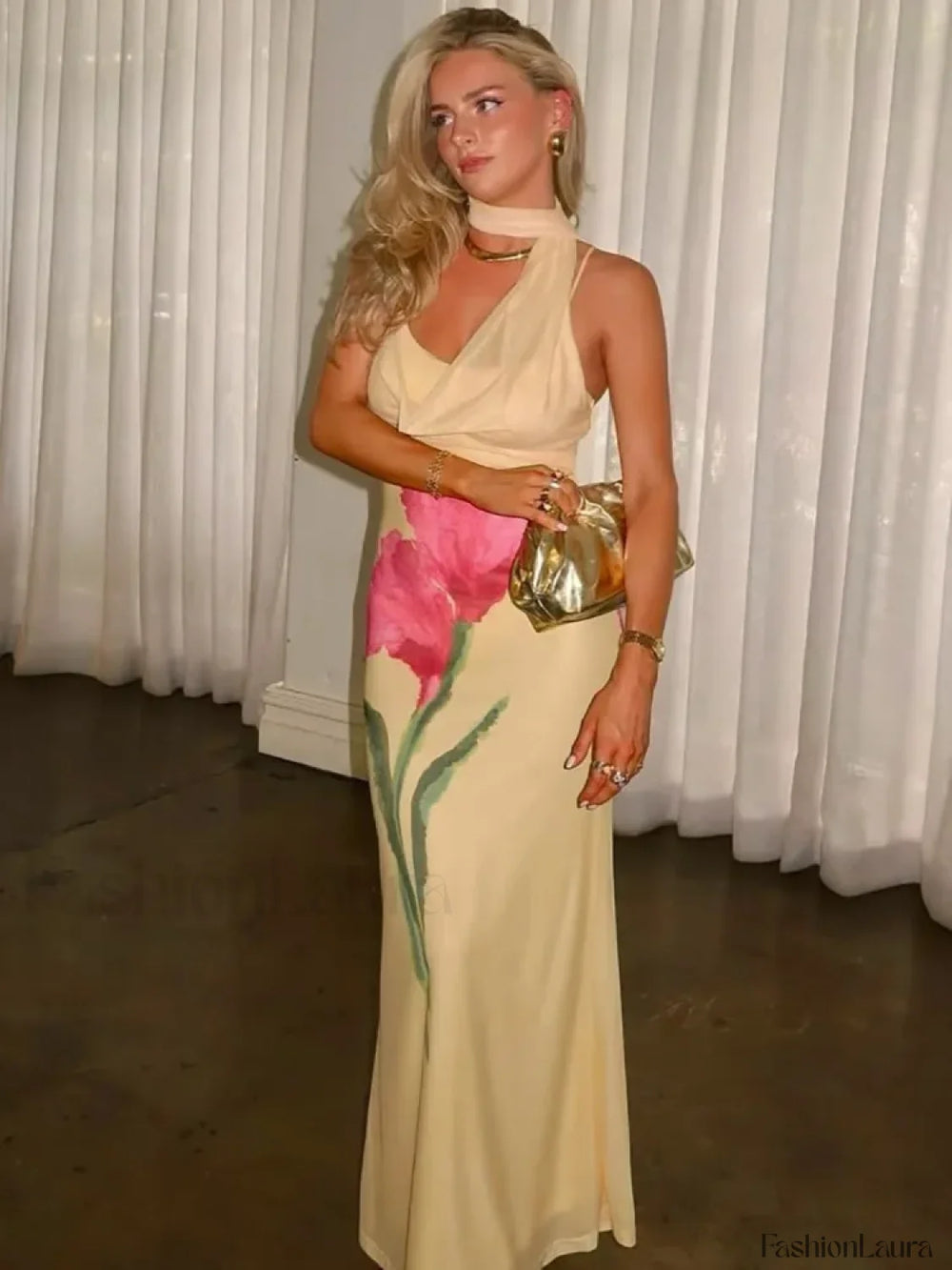 Off Shoulder Print Maxi Dress Yellow / S