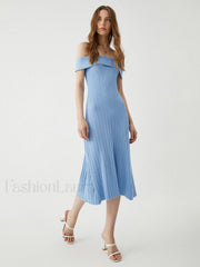 Off Shoulder Ribbed Graceful Midi Sweater Dress Blue / S Sweaters L