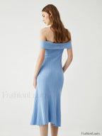 Off Shoulder Ribbed Graceful Midi Sweater Dress Sweaters L