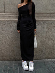 Off Shoulder Ribbed Long Modern Sleeve Knit Long Dress Dresses