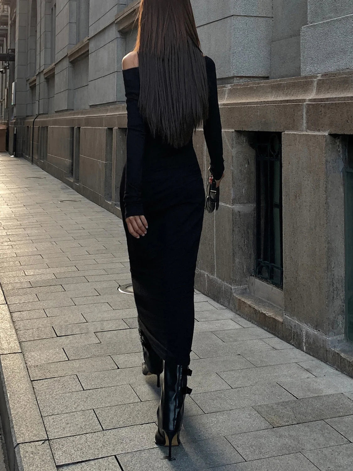 Off Shoulder Ribbed Long Modern Sleeve Knit Long Dress Dresses