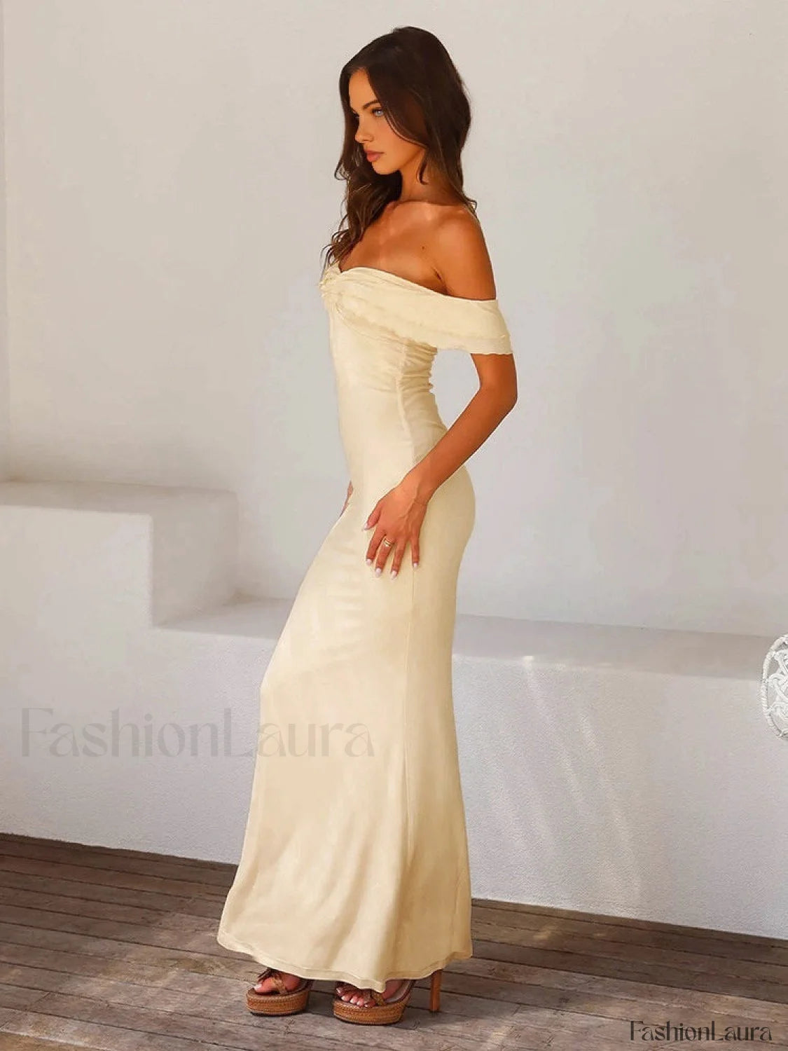 Off Shoulder Ruffle Trendy Satin Long Dress Dresses