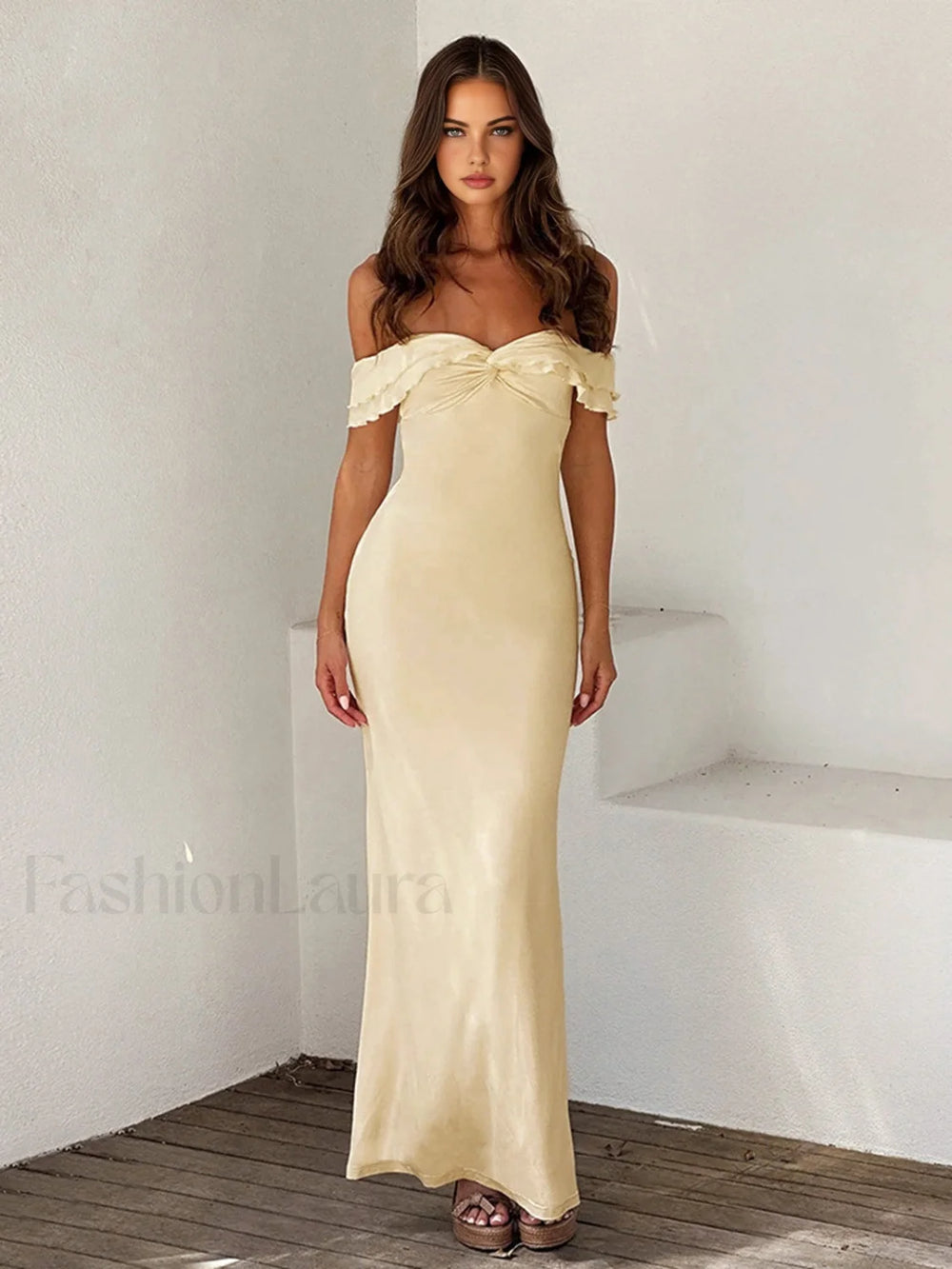 Off Shoulder Ruffle Trendy Satin Long Dress Dresses