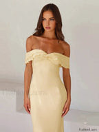 Off Shoulder Ruffle Trendy Satin Long Dress Dresses