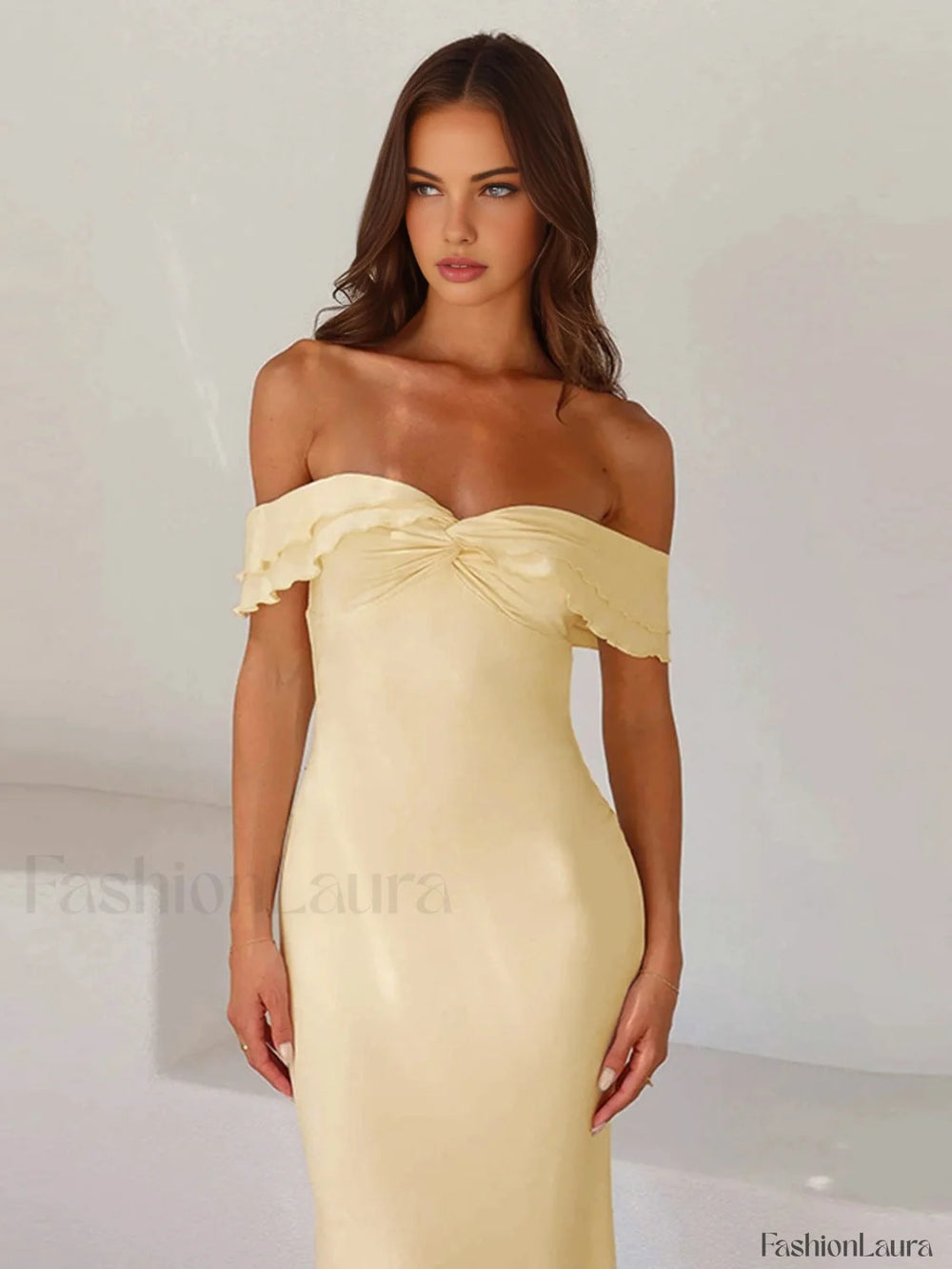 Off Shoulder Ruffle Trendy Satin Long Dress Dresses