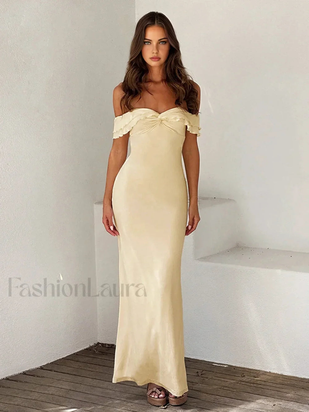 Off Shoulder Ruffle Trendy Satin Long Dress Dresses