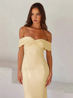 Off Shoulder Ruffle Trendy Satin Long Dress Dresses