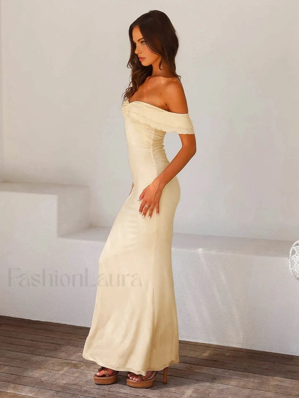 Off Shoulder Ruffle Trendy Satin Long Dress Dresses